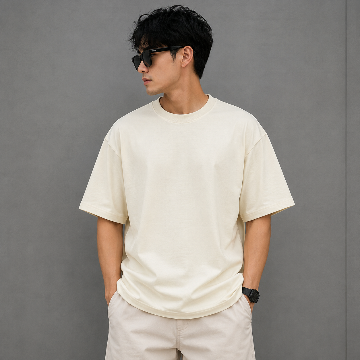H_&_M Men’s Off-White Oversized T-Shirt | Premium Boxy Fit Crew Neck Tee