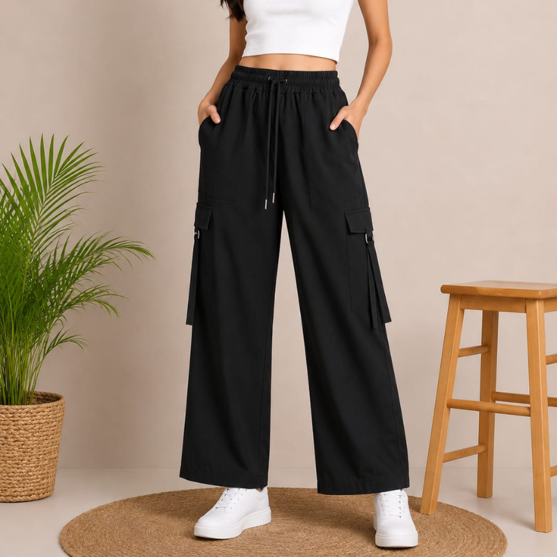 Wo_men's Black Wide-Leg Cargo Pants – Premium Casual Fit