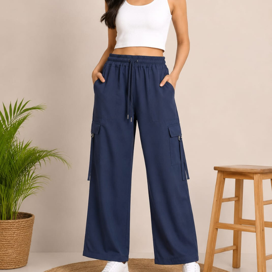 Wo_men's Navy Blue Wide-Leg Cargo Pants – Premium Comfort Fit