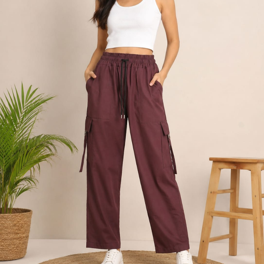 Wo_men's Maroon Cargo Pants – Relaxed Fit Utility Trousers