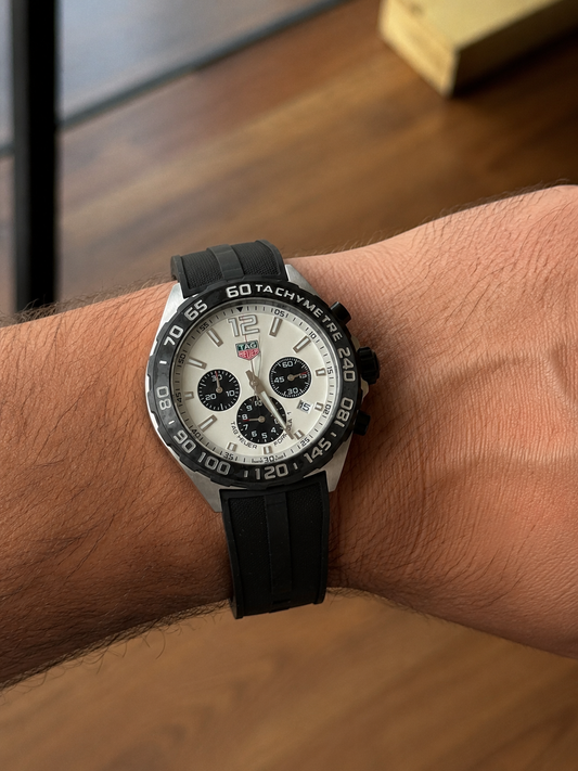 Tag He_uer Premium Black Strap Chronograph Analog Watch for Men with White Dial & Tachymeter Bezel