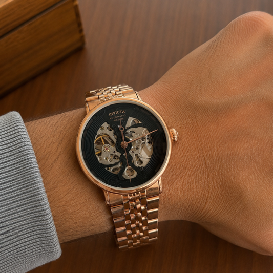 Invi_cta Men's Automatic Skeleton Dial Rose Gold Stainless Steel Watch