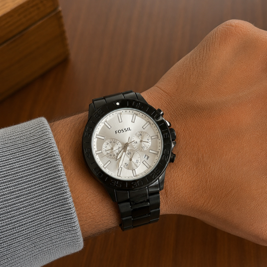 Fos_sil Men's Black Stainless Steel Chronograph Watch with Silver Dial