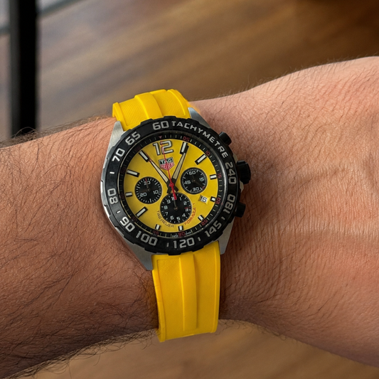 T_ag Heu_er Luxury Yellow Chronograph Men's Analog Watch with Silicone Strap & Tachymeter Bezel