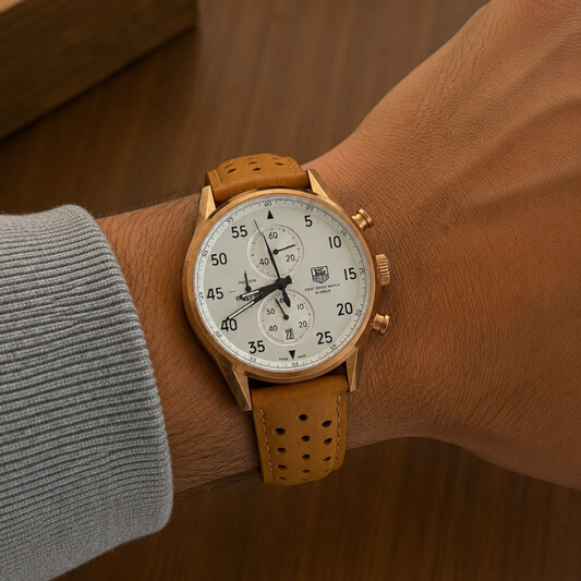 T_AG Heu_er Men's Chronograph Watch with Rose Gold Case & Tan Leather Racing Strap