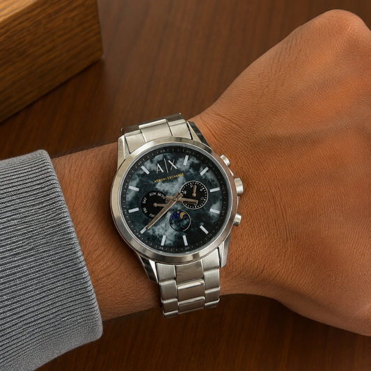 A_rmani Exchange Men's Stainless Steel Multifunction Watch with Black Marble Dial