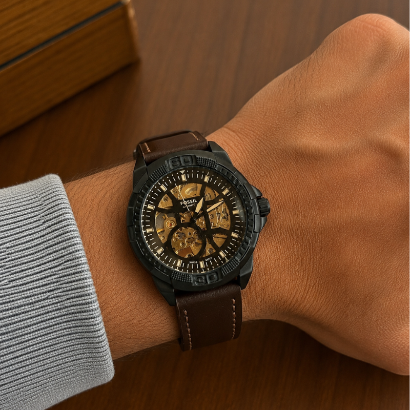Fos_sil Men's Automatic Skeleton Dial Watch with Brown Leather Strap