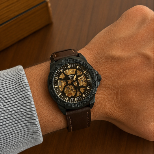 Fos_sil Men's Automatic Skeleton Dial Watch with Brown Leather Strap