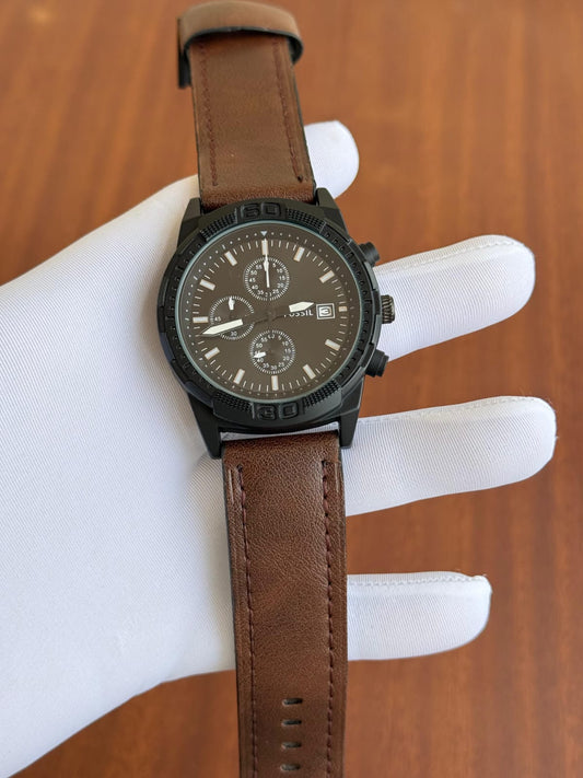 Fos_sil Men's Chronograph Watch – Black Dial & Case with Brown Leather Strap