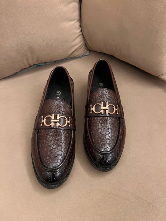 Me_n's Prem_ium Crocodile Texture Loafers – Brown Metal Bit Formal Slip-On Shoes