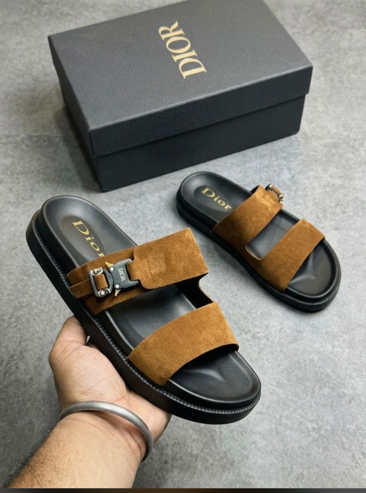 Me_n's Prem_ium Suede Double-Strap Slides – Brown Comfort Slip-On Sandals
