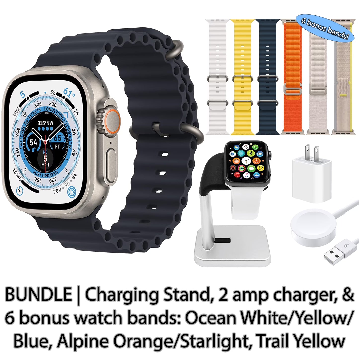 Apple Watch Ultra (GPS + Cellular, 49 mm) Titanium Case with Midnight Ocean Band, Bundle 6 Bonus Bands, Charging Stand, & 2 amp charger