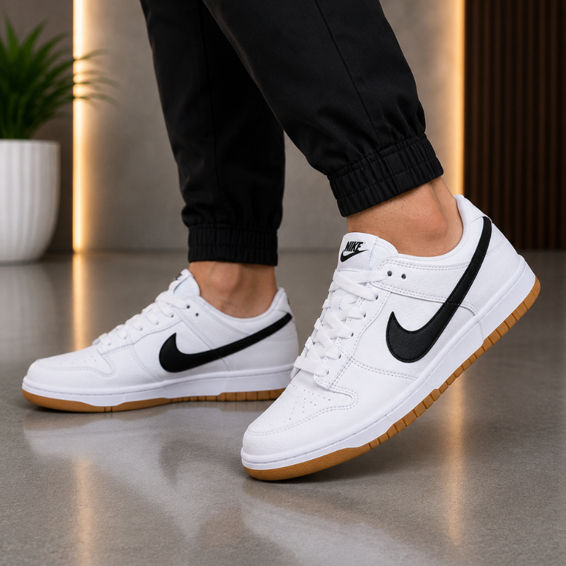 Ni_ke Dunk Low Sneakers for Men | White & Black Leather Casual Shoes | Classic Streetwear Edition
