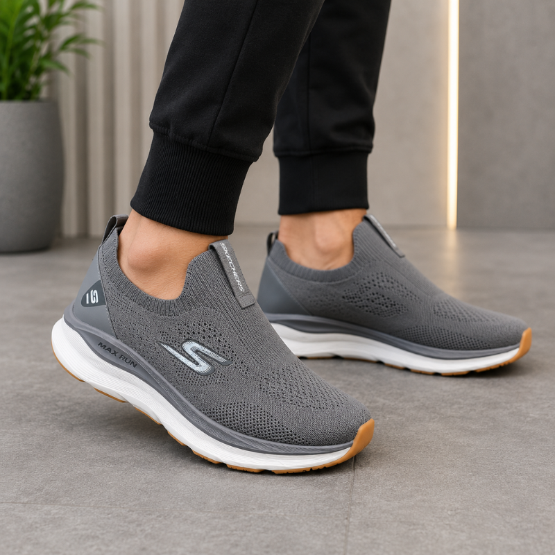 Ske_chers Max Run Men's Slip-On Walking Shoes | Lightweight Knit Comfort Sneakers | Grey