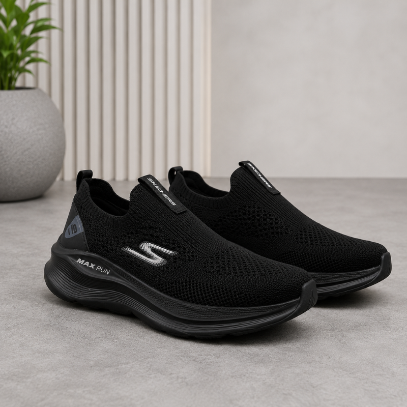 Skec_hers Max Run Slip-On Walking Shoes for Men | Black Lightweight Knit Sneakers | All-Day Comfort