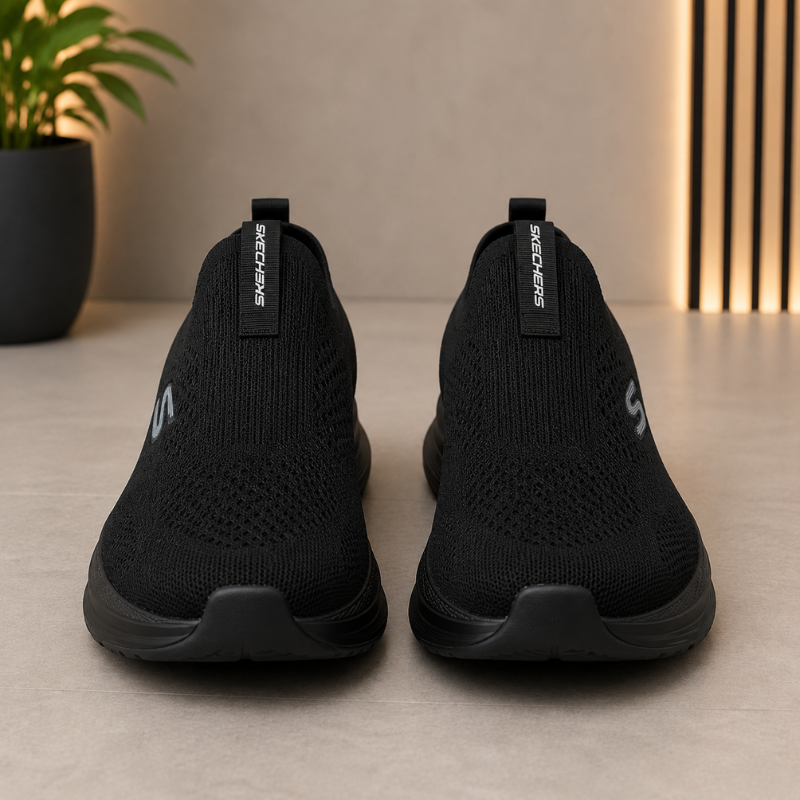 Skec_hers Max Run Slip-On Walking Shoes for Men | Black Lightweight Knit Sneakers | All-Day Comfort