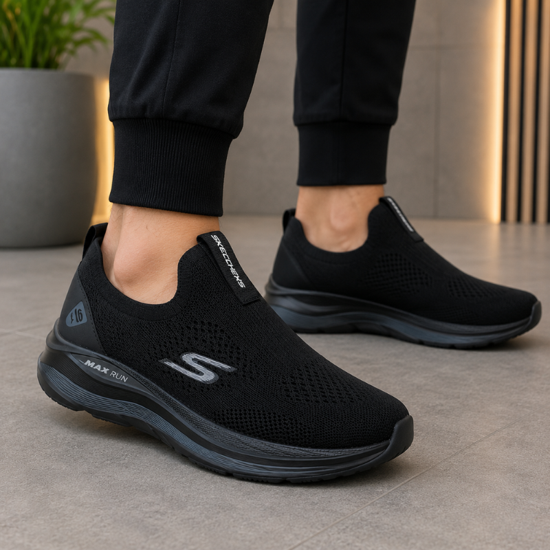 Skec_hers Max Run Slip-On Walking Shoes for Men | Black Lightweight Knit Sneakers | All-Day Comfort