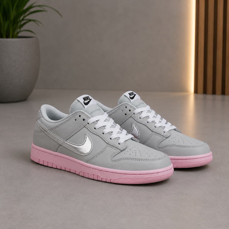 Ni_ke Air Low Sneakers for Men | Light Grey & Pink Casual Lace-Up Shoes | Premium Streetwear