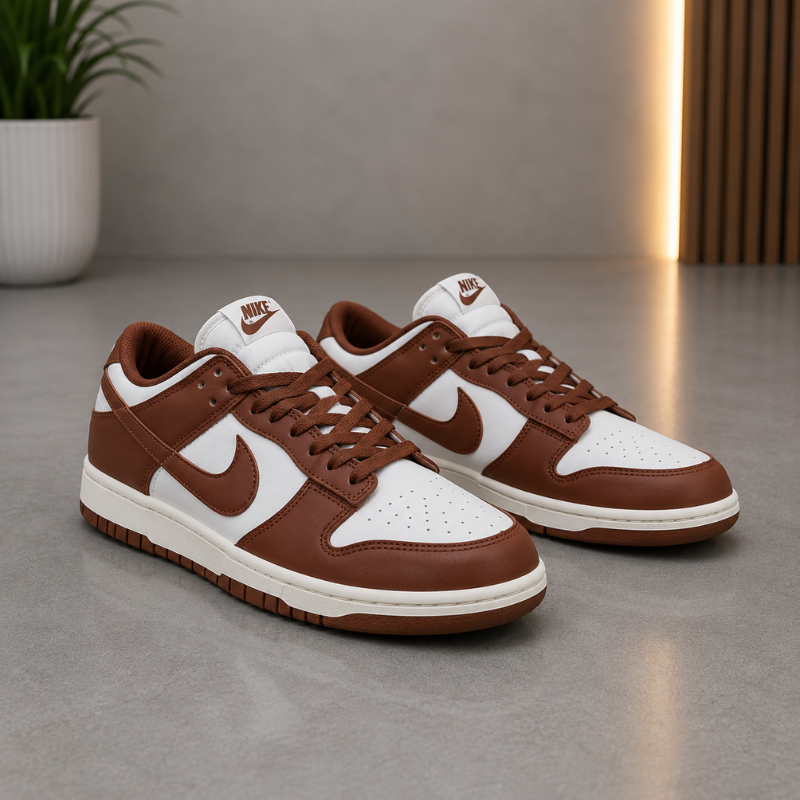 Ni_ke Dunk Low Sneakers for Men | Brown & White Leather Casual Shoes | Classic Streetwear Style