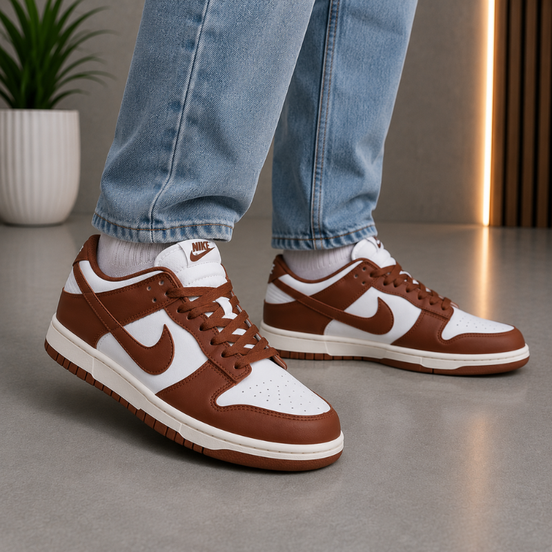 Ni_ke Dunk Low Sneakers for Men | Brown & White Leather Casual Shoes | Classic Streetwear Style