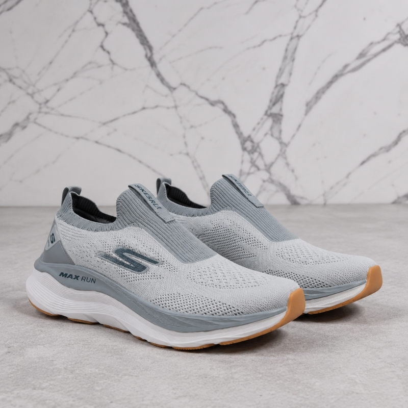 Skec_hers Max Run Slip-On Walking Shoes for Men | Lightweight Breathable Knit Sneakers | Grey