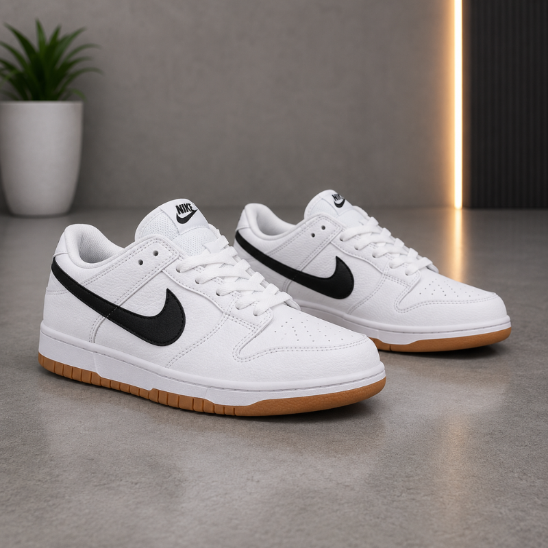 Ni_ke Dunk Low Sneakers for Men | White & Black Leather Casual Shoes | Classic Streetwear Edition