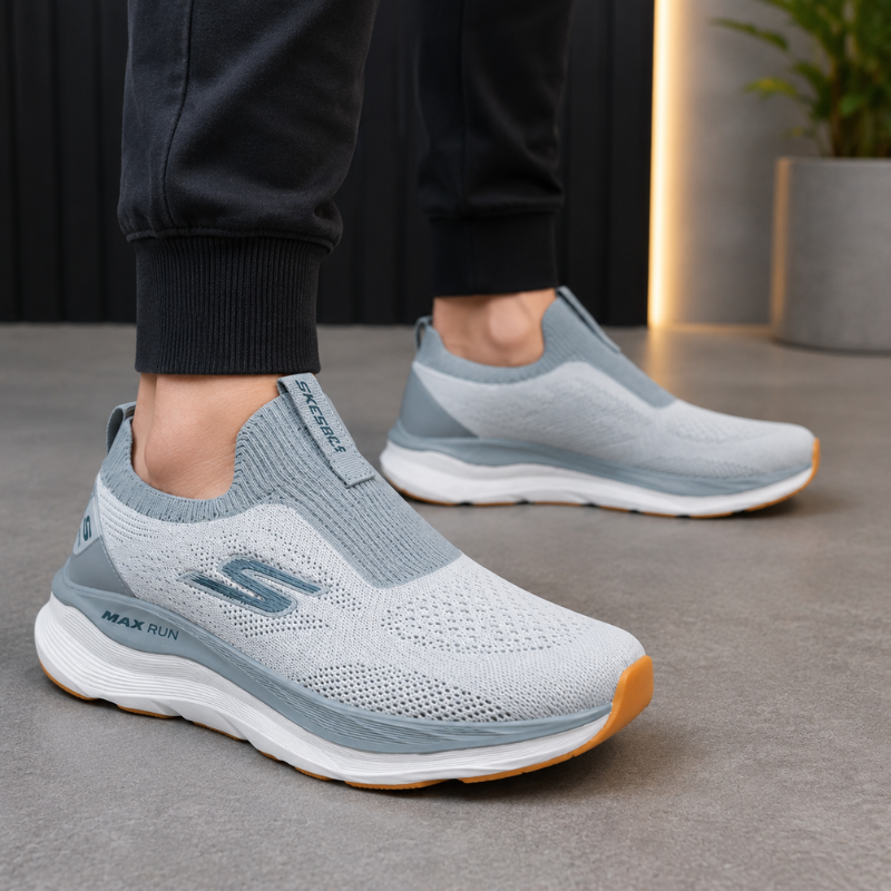 Skec_hers Max Run Slip-On Walking Shoes for Men | Lightweight Breathable Knit Sneakers | Grey