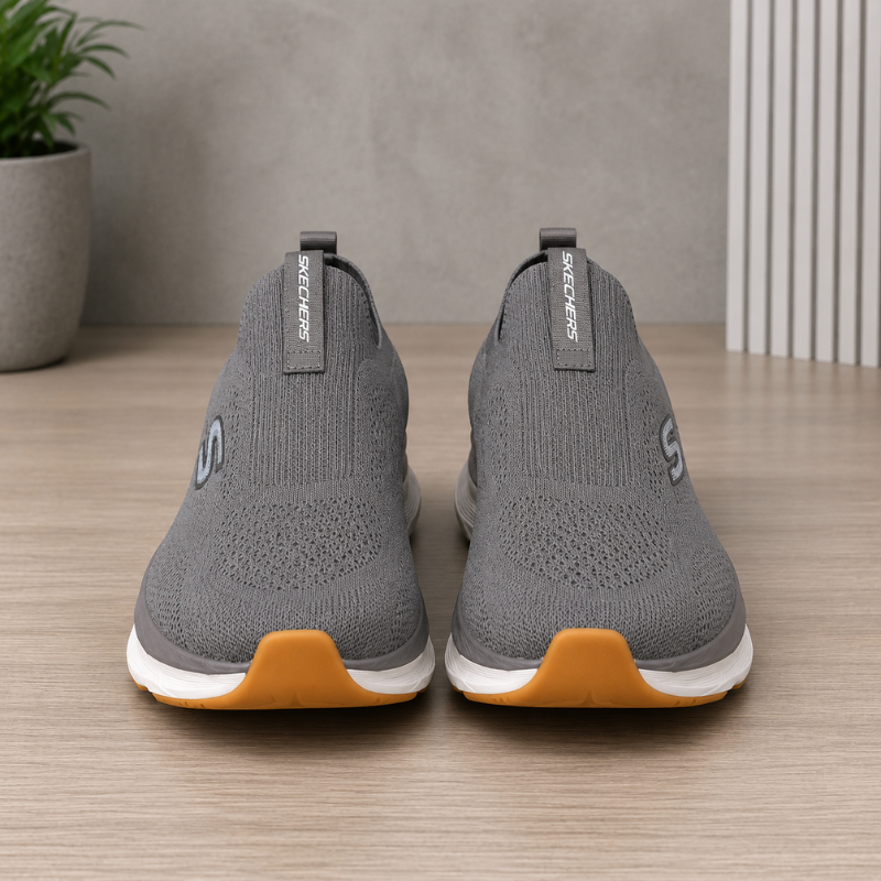 Ske_chers Max Run Men's Slip-On Walking Shoes | Lightweight Knit Comfort Sneakers | Grey