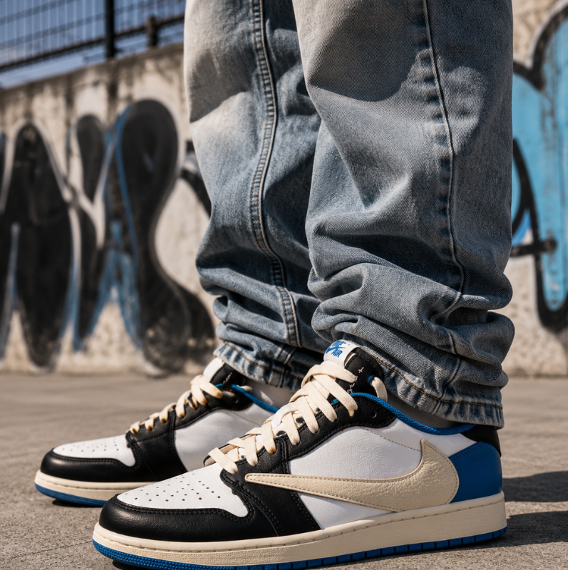 Travis Scott x Fragment Design x Jor_dan Air Jordan 1 Original Style Low SP Low-Top Basketball Shoes Unisex White Blue Black