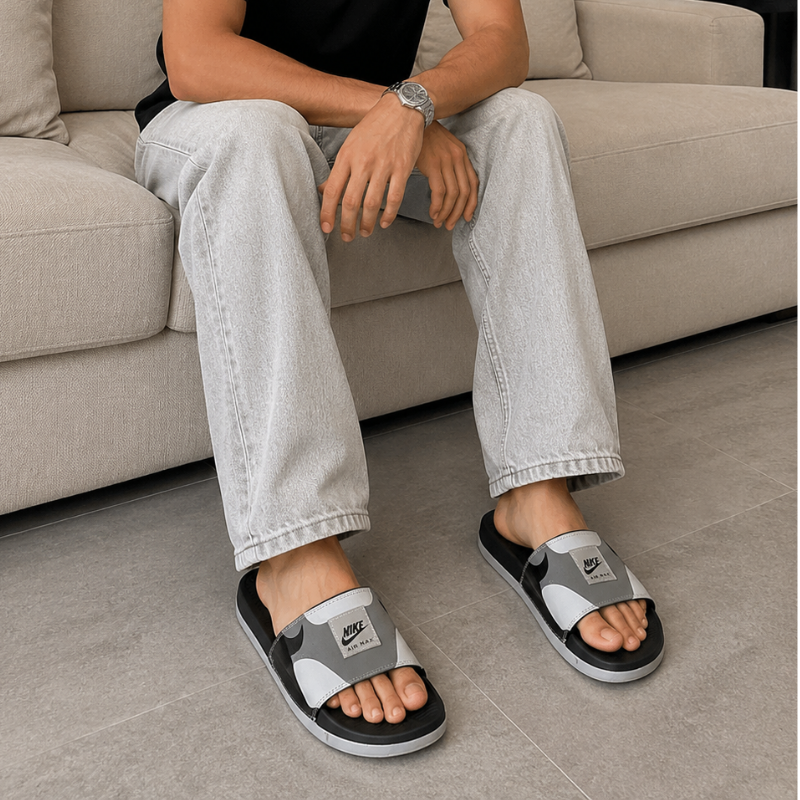 NI_KE Air Max Style Comfort Slides – Black Grey Premium Casual Slippers for Men