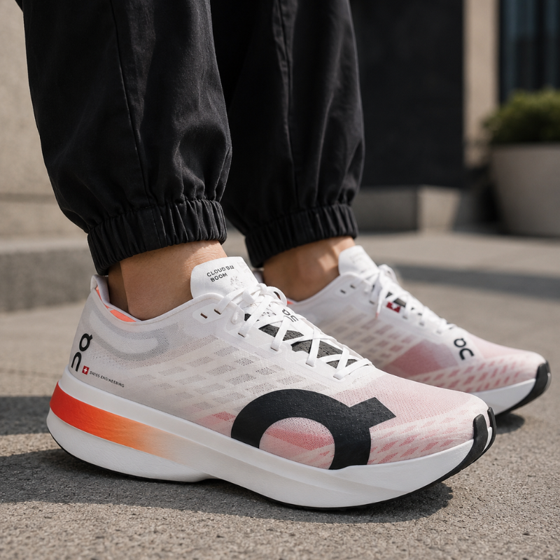 On Cloudboom Strike Breathable Low-Top Marathon Running Shoes for Men, White and Pink