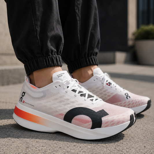 On Cloudboom Strike Breathable Low-Top Marathon Running Shoes for Men, White and Pink