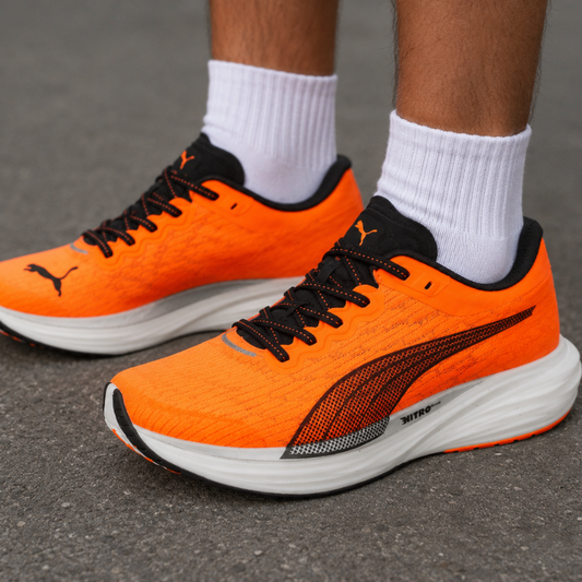 Pu_ma Deviate NITRO 2 Anti-Slip + Abrasion-Resistant Low-Top Carbon Plate Marathon Running Shoes for Men, Black and Orange