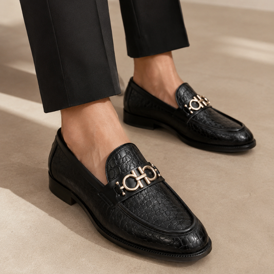 Me_n's Premi_um Crocodile Texture Loafers – Black Metal Bit Formal Slip-On Shoes