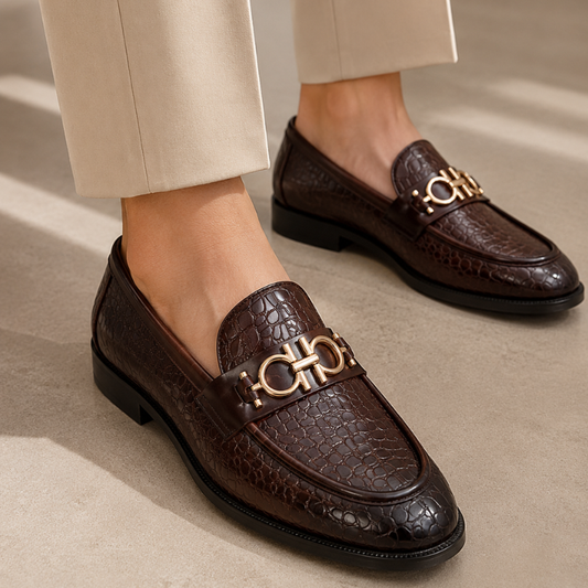 Me_n's Prem_ium Crocodile Texture Loafers – Brown Metal Bit Formal Slip-On Shoes