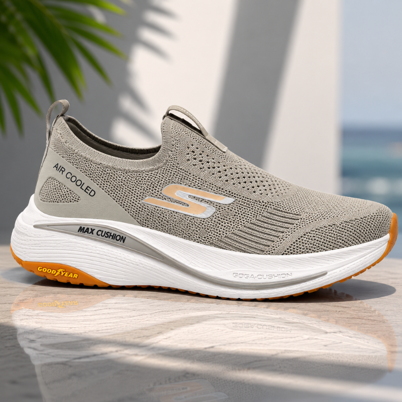 Ske_chers_Max Cushion Air Cooled Slip-On Running Shoes – Beige