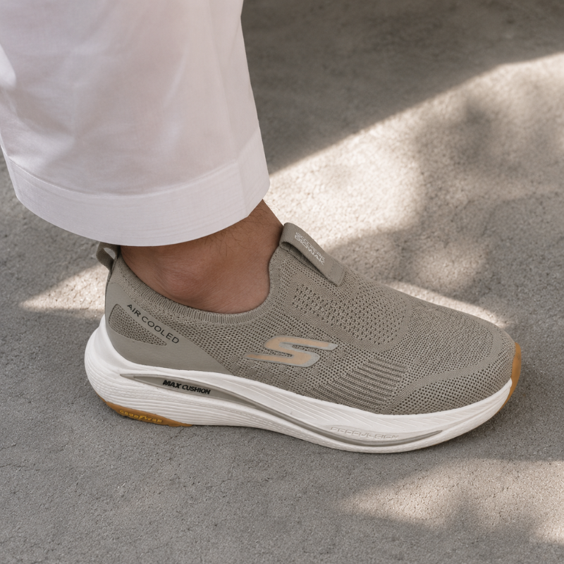 Ske_chers_Max Cushion Air Cooled Slip-On Running Shoes – Beige