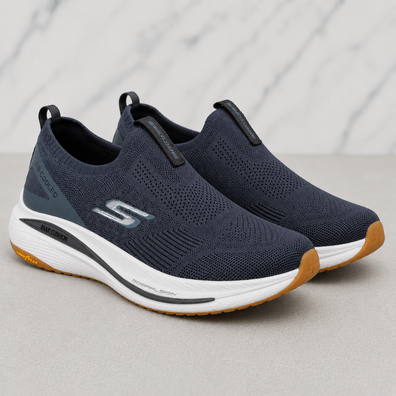 Ske_chers_Max Cushion Air Cooled Slip-On Running Shoes – Navy Blue