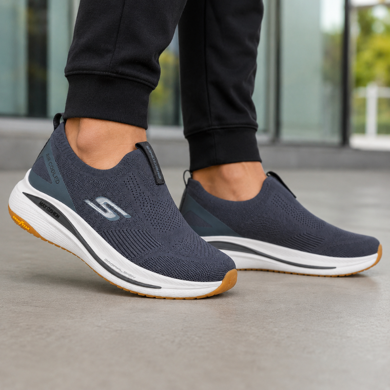 Ske_chers_Max Cushion Air Cooled Slip-On Running Shoes – Navy Blue