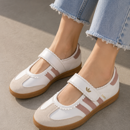 Wo_men's Retro Mary Jane Sne_akers – White & Pink Casual Strap Shoes