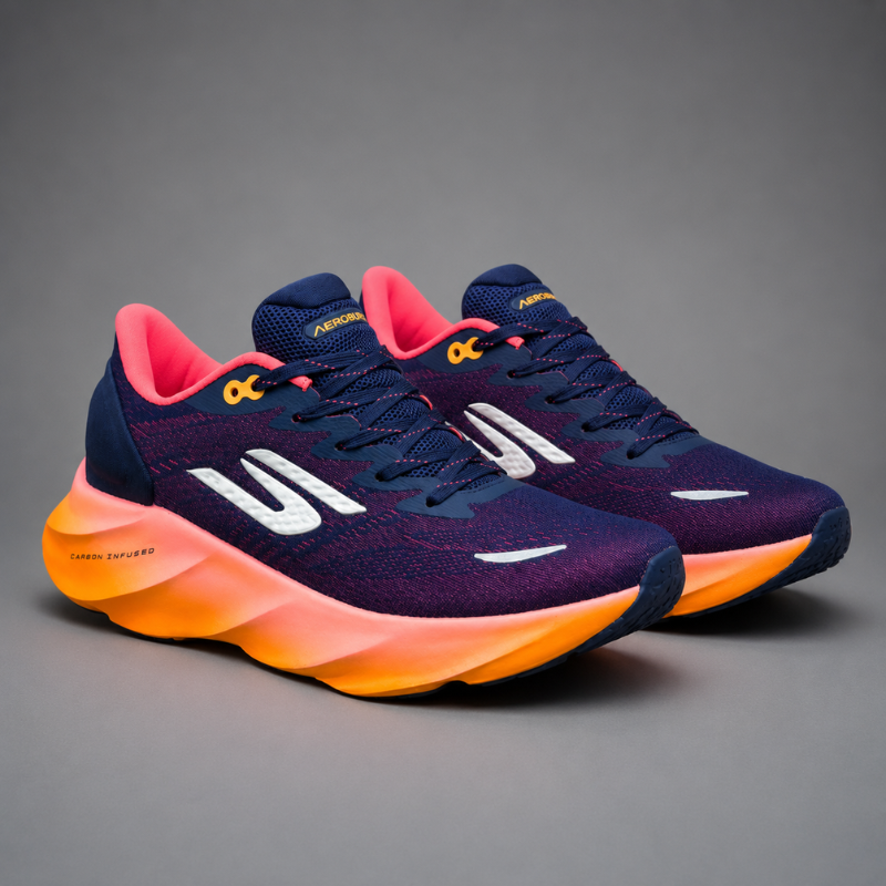 Ske_chers_Aero_Burst Carbon Infused Running Shoes – Navy & Orange Performance Sneakers for Men