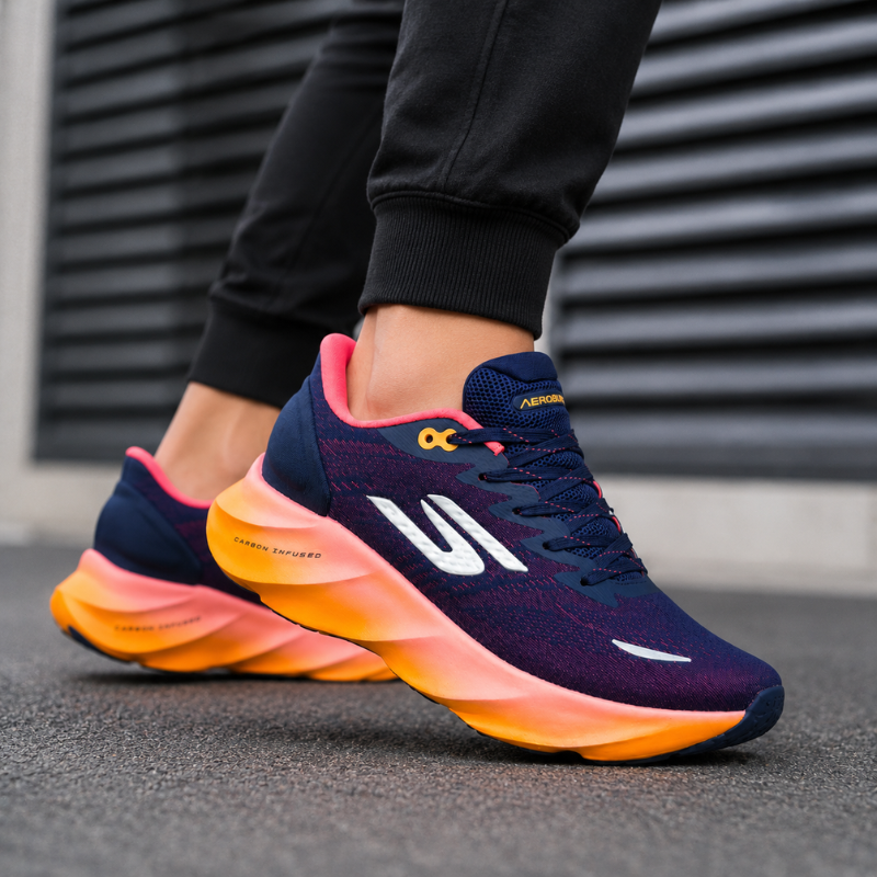 Ske_chers_Aero_Burst Carbon Infused Running Shoes – Navy & Orange Performance Sneakers for Men