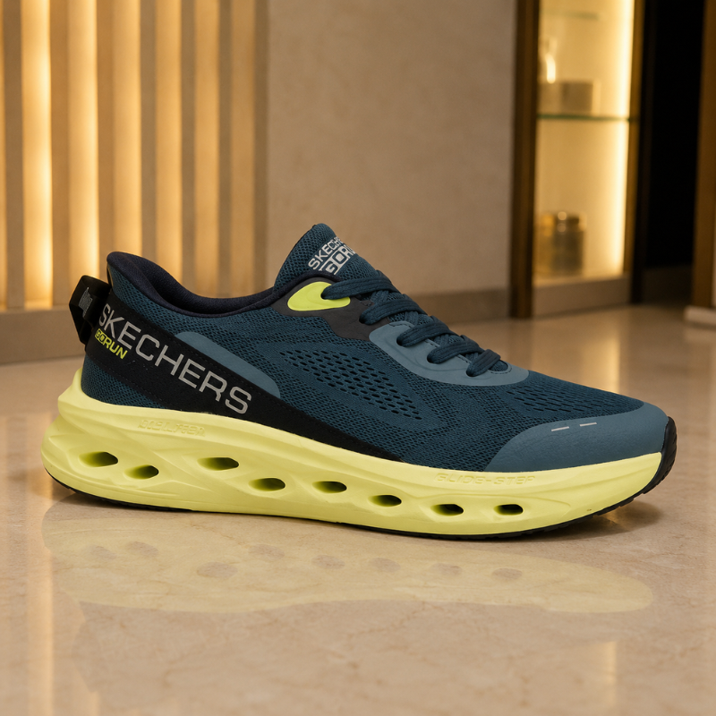 Ske_chers_GO_RUN Glide-Step Men's Running Shoes – Navy Blue/Lime