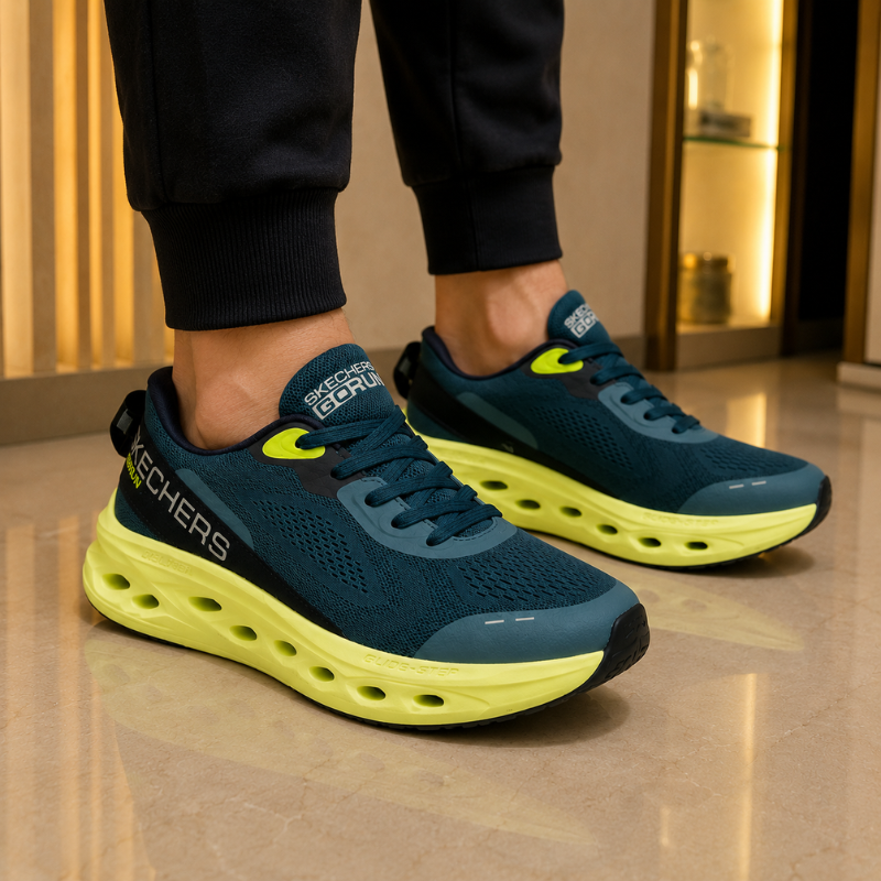Ske_chers_GO_RUN Glide-Step Men's Running Shoes – Navy Blue/Lime