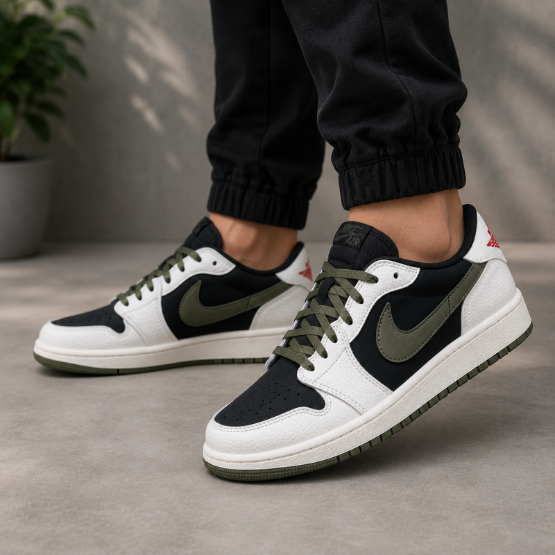 Ni_ke_Air Jordan 1 Low Olive Black White Casual Sneakers