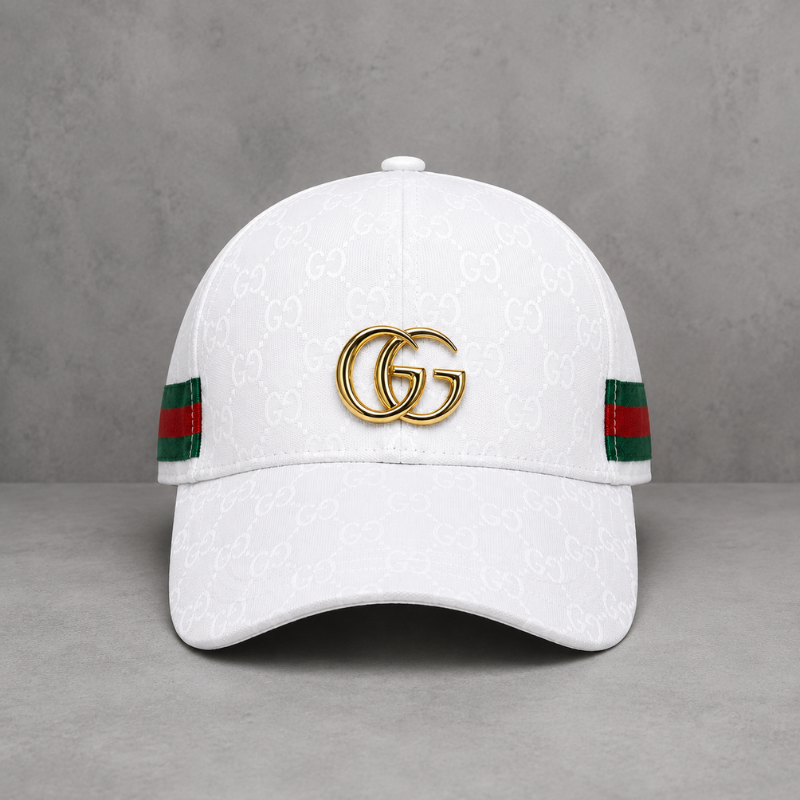 Lux_ury_White Embossed Monogram Baseball Cap with Gold Metal Logo | Premium Adjustable Unisex Cap