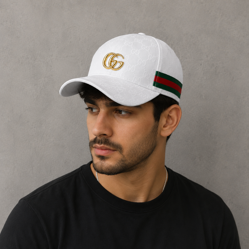 Lux_ury_White Embossed Monogram Baseball Cap with Gold Metal Logo | Premium Adjustable Unisex Cap
