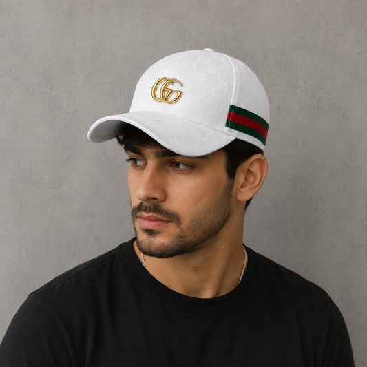 Lux_ury_White Embossed Monogram Baseball Cap with Gold Metal Logo | Premium Adjustable Unisex Cap