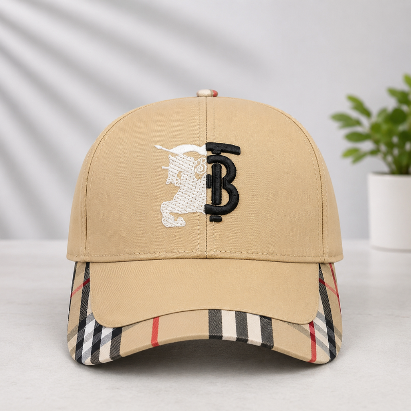 Pre_mium Beige Embroidered Baseball Cap | Adjustable Unisex Casual Cap | Plaid Brim Fashion Hat