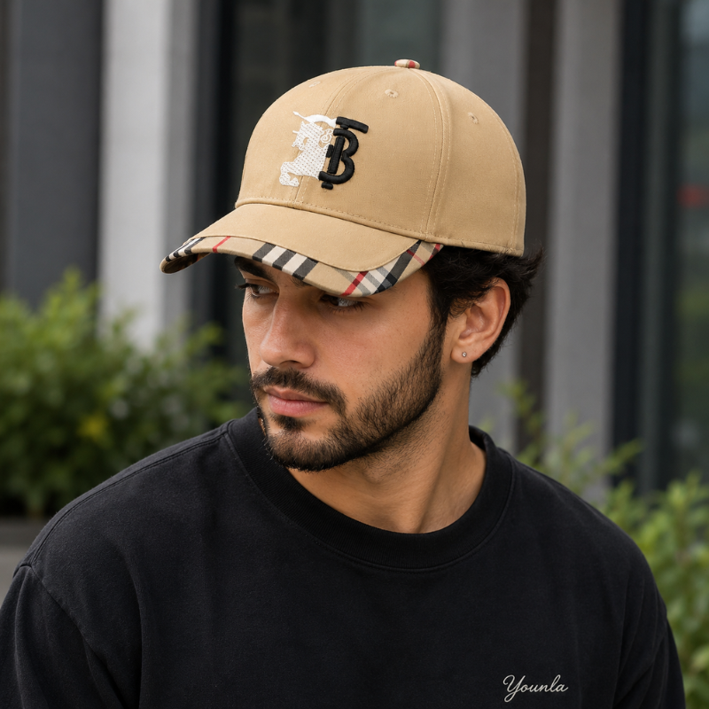 Pre_mium Beige Embroidered Baseball Cap | Adjustable Unisex Casual Cap | Plaid Brim Fashion Hat